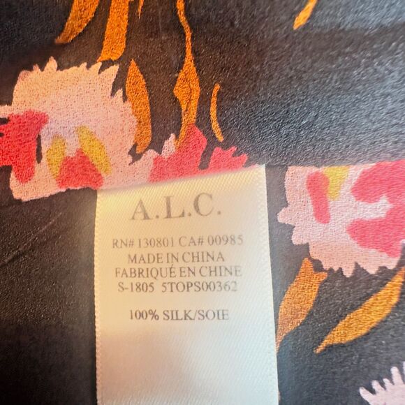 A.L.C. Carla Floral 100% Silk Wrap Floral Black Pink Ruffle Cuffs Blouse Size S - Picture 14 of 16